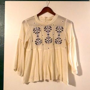 White high neck blue embroidered blouse